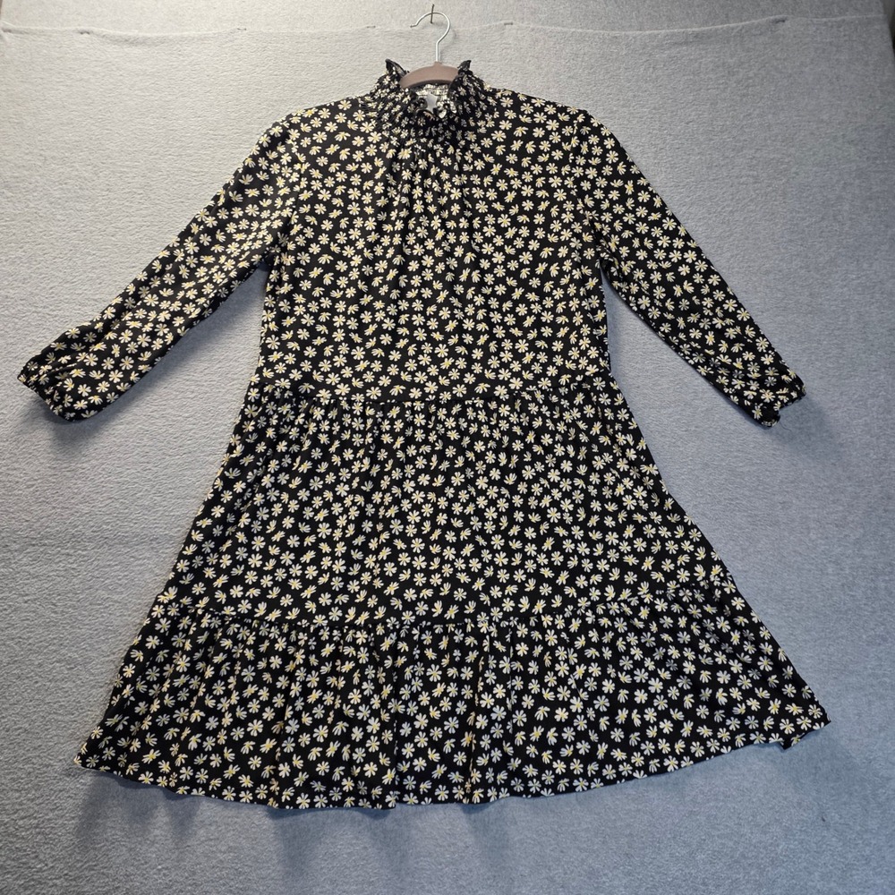 AUW Floral Tiered Midi Dress Womens Large Black Ruffle Neck Prairie Cottagecore